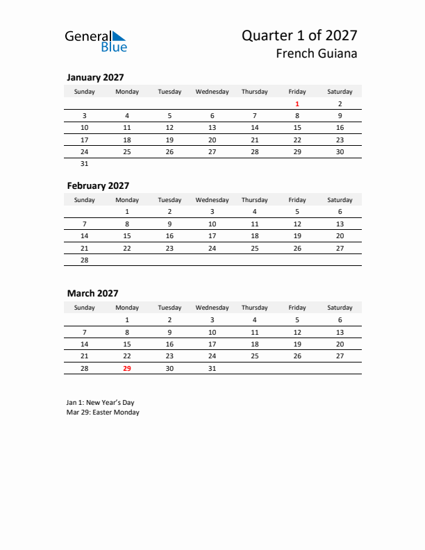 2027 Q1 Three-Month Calendar for French Guiana