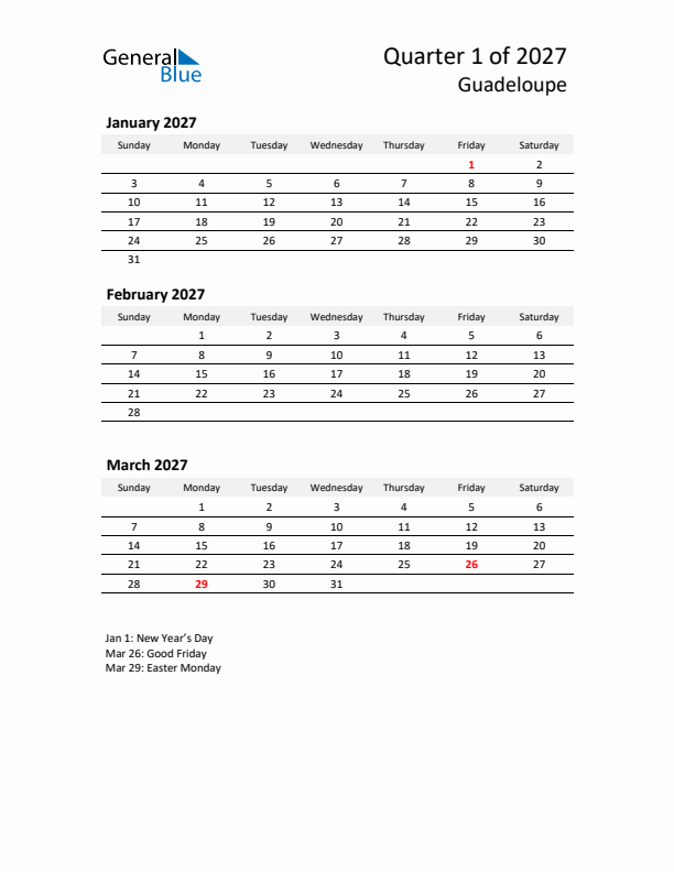 2027 Q1 Three-Month Calendar for Guadeloupe