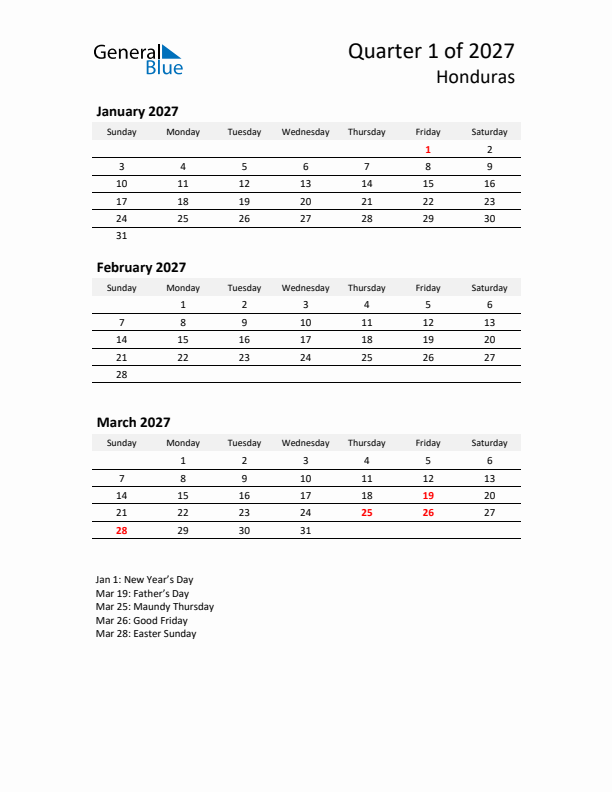 2027 Q1 Three-Month Calendar for Honduras