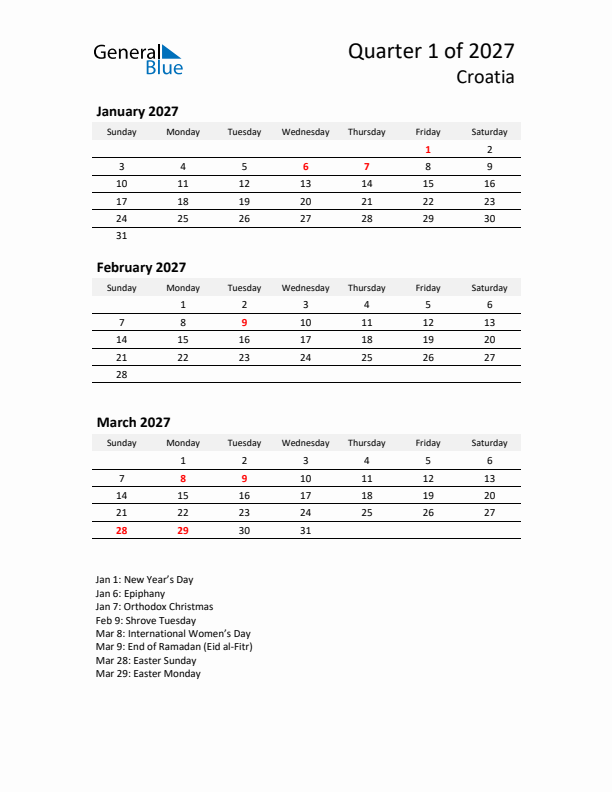 2027 Q1 Three-Month Calendar for Croatia