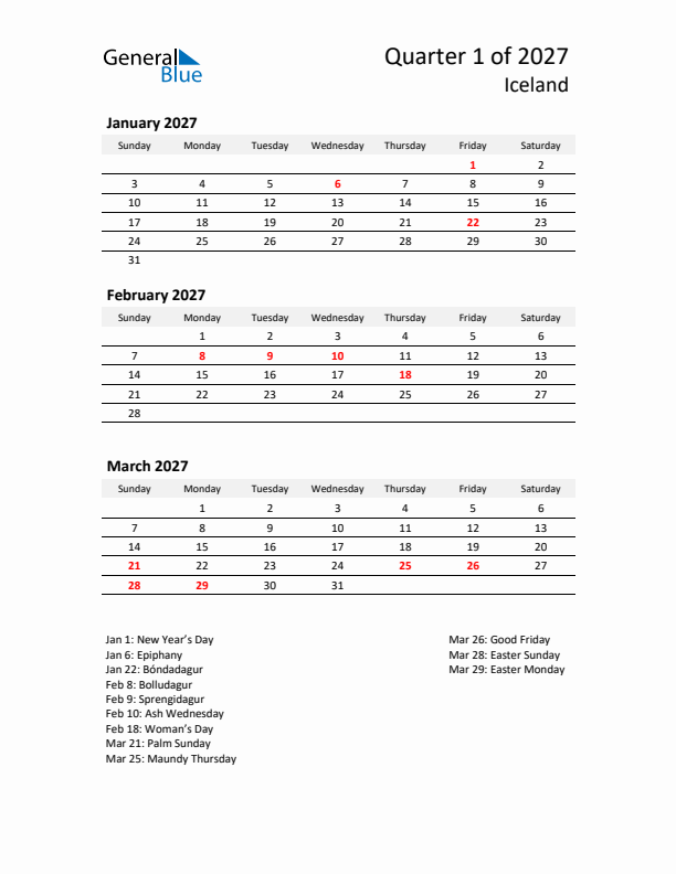 2027 Q1 Three-Month Calendar for Iceland