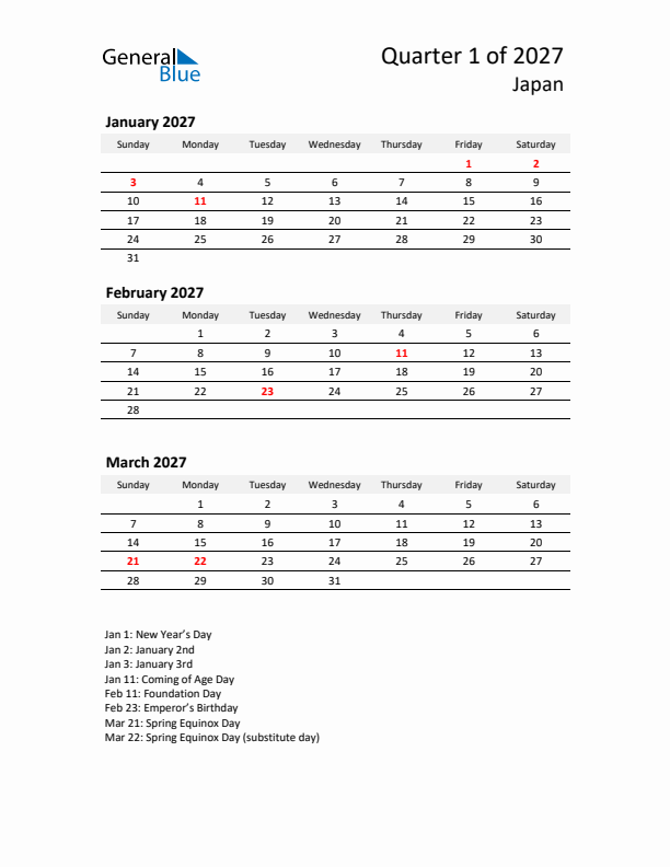 2027 Q1 Three-Month Calendar for Japan