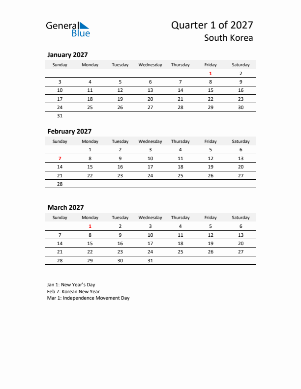 2027 Q1 Three-Month Calendar for South Korea