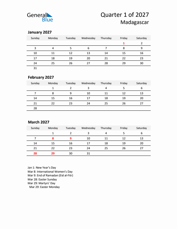 2027 Q1 Three-Month Calendar for Madagascar