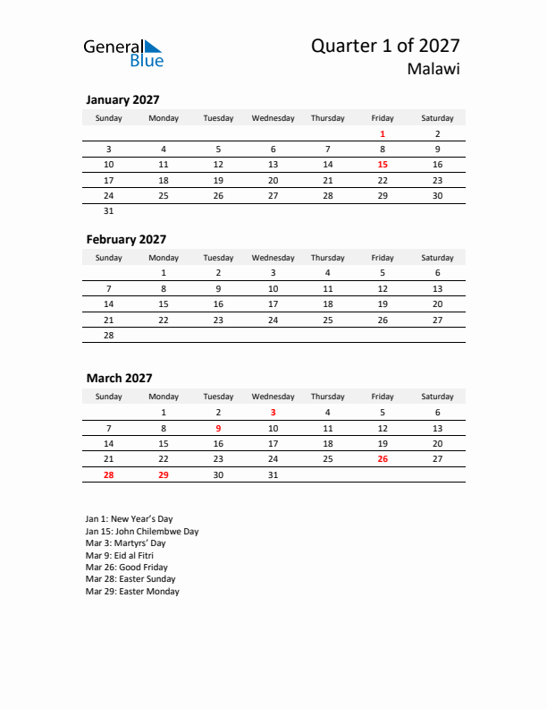 2027 Q1 Three-Month Calendar for Malawi