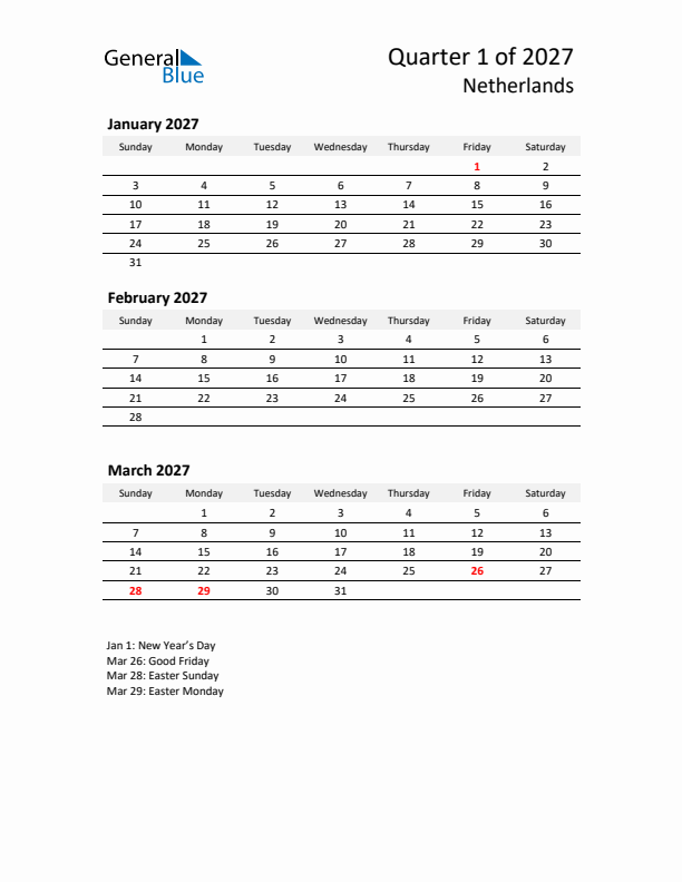 2027 Q1 Three-Month Calendar for The Netherlands