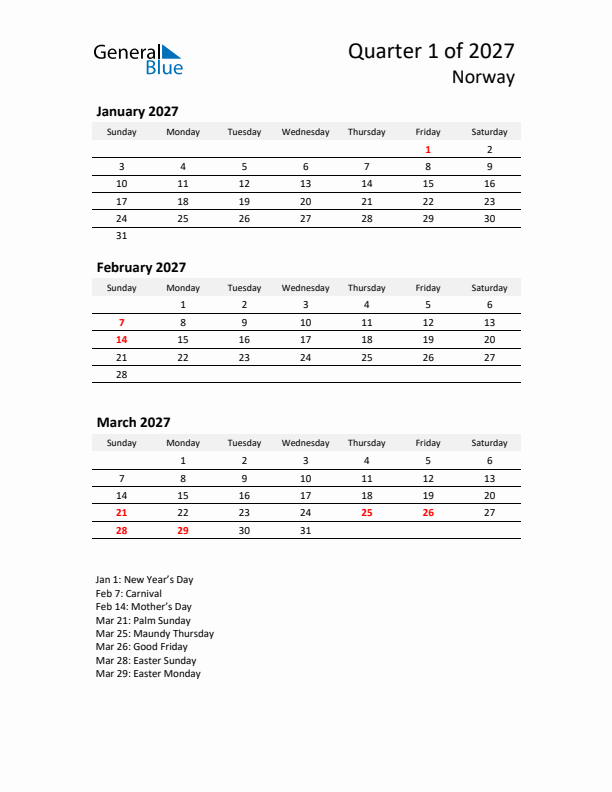 2027 Q1 Three-Month Calendar for Norway