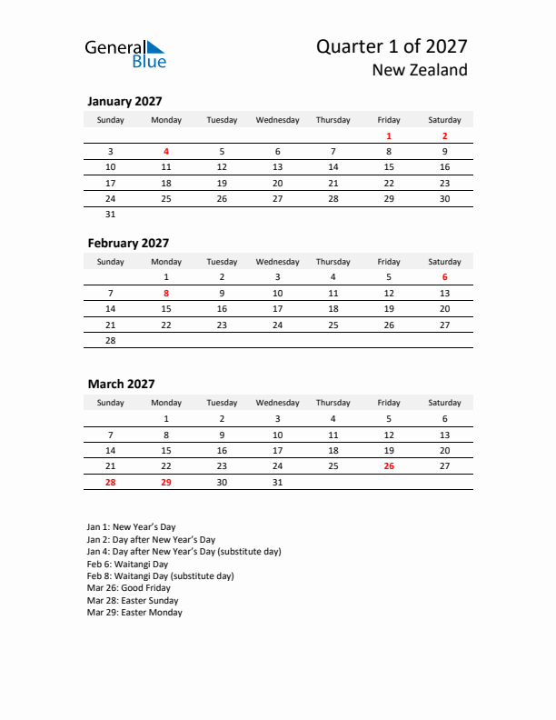 2027 Q1 Three-Month Calendar for New Zealand