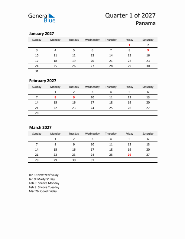 2027 Q1 Three-Month Calendar for Panama