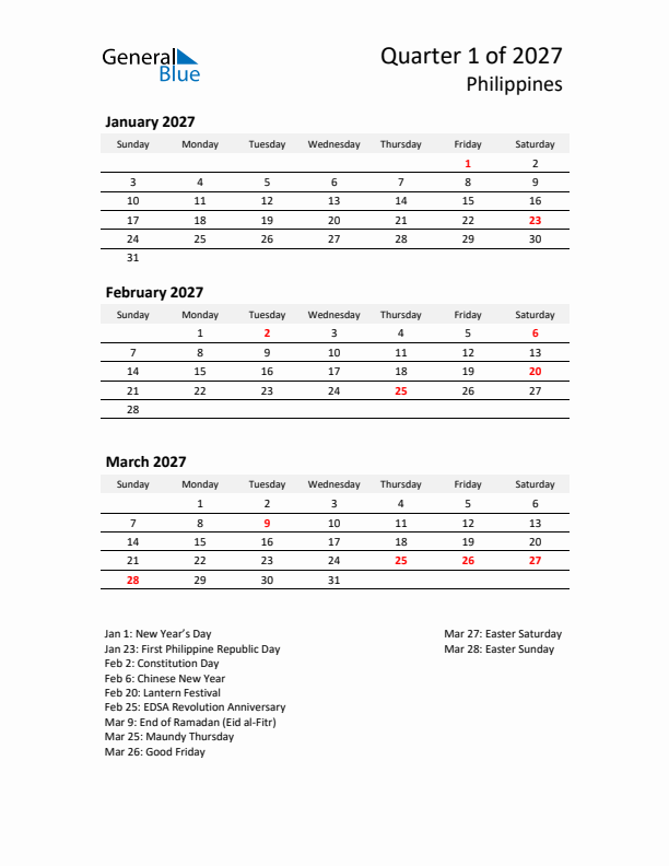 2027 Q1 Three-Month Calendar for Philippines