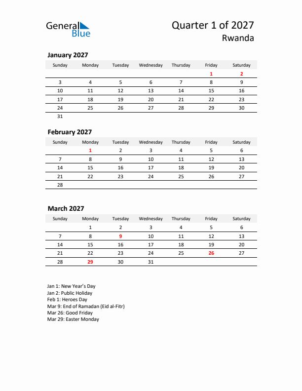 2027 Q1 Three-Month Calendar for Rwanda