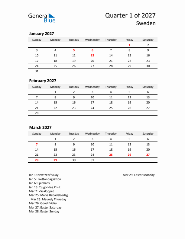 2027 Q1 Three-Month Calendar for Sweden