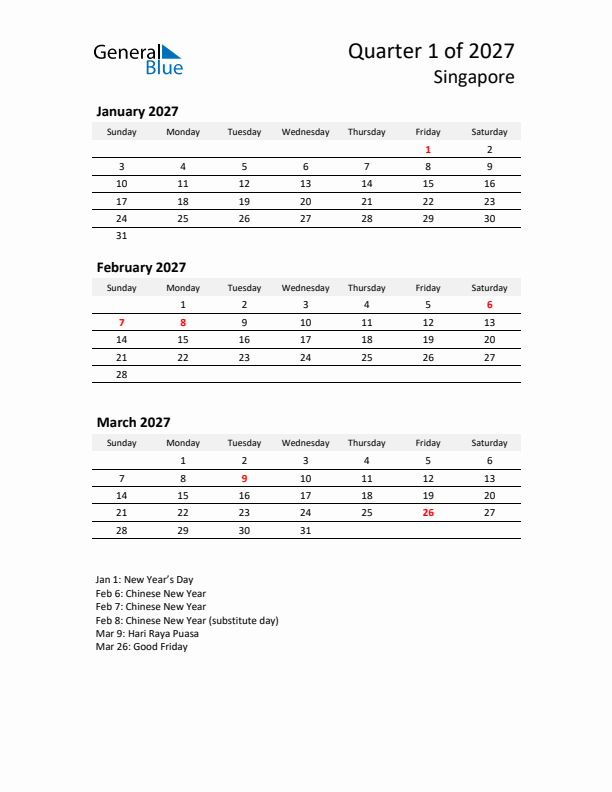 2027 Q1 Three-Month Calendar for Singapore