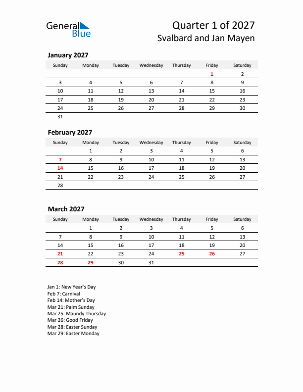 2027 Q1 Three-Month Calendar for Svalbard and Jan Mayen