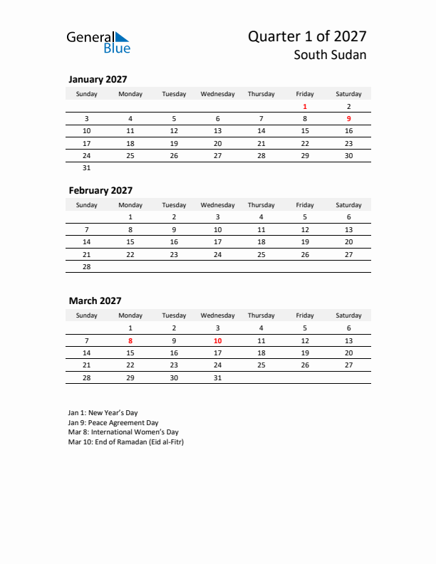 2027 Q1 Three-Month Calendar for South Sudan