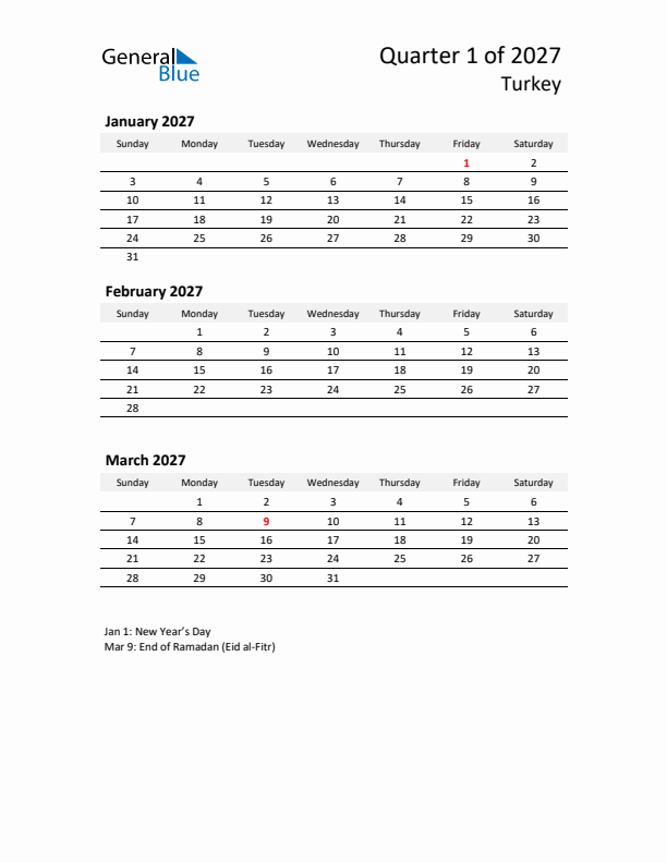 2027 Q1 Three-Month Calendar for Turkey