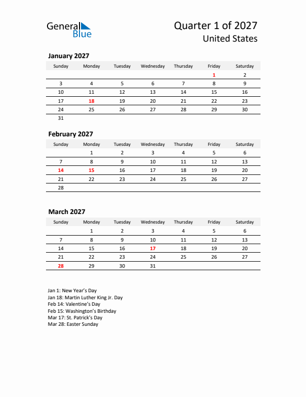 2027 Q1 Three-Month Calendar for United States