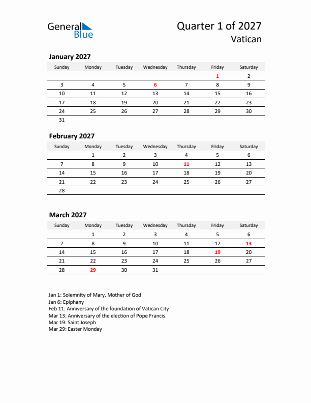 2027 Q1 Three-Month Calendar for Vatican