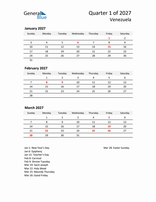 2027 Q1 Three-Month Calendar for Venezuela