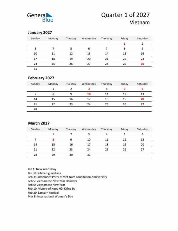 2027 Q1 Three-Month Calendar for Vietnam