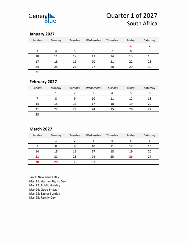 2027 Q1 Three-Month Calendar for South Africa