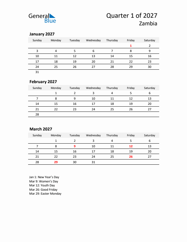 2027 Q1 Three-Month Calendar for Zambia