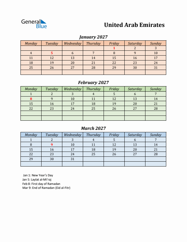 Q1 2027 Holiday Calendar - United Arab Emirates