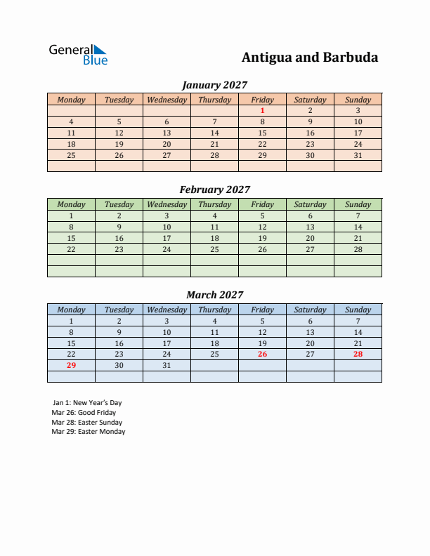 Q1 2027 Holiday Calendar - Antigua and Barbuda