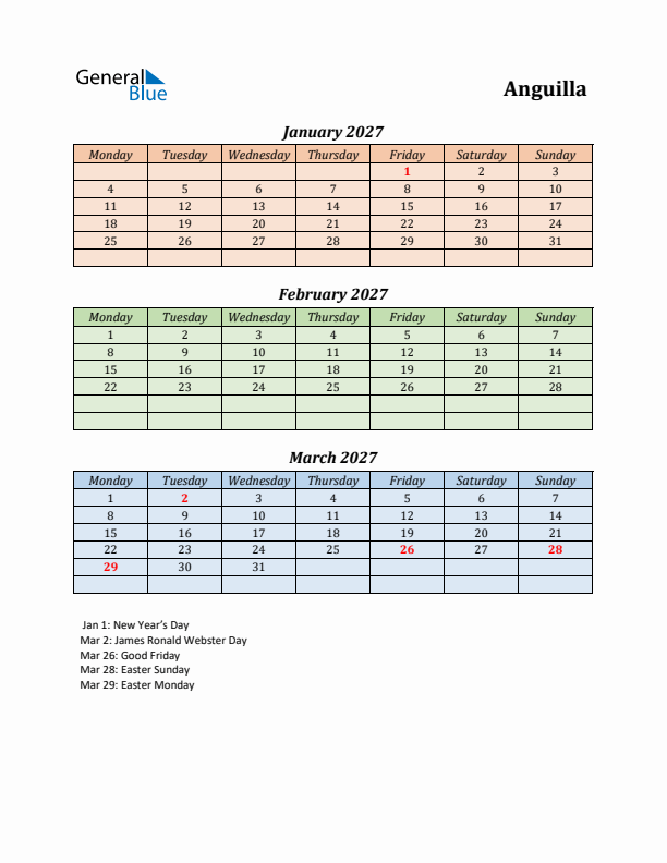 Q1 2027 Holiday Calendar - Anguilla