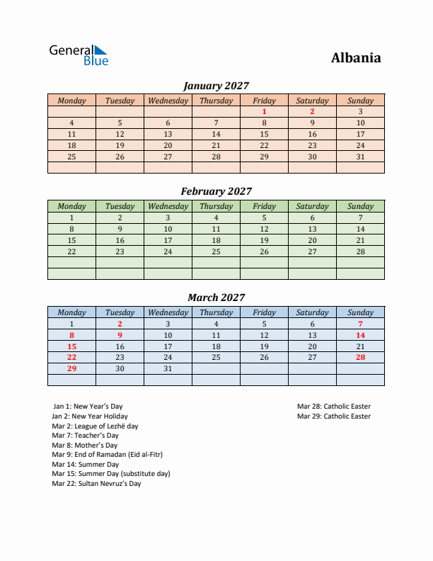 Q1 2027 Holiday Calendar - Albania