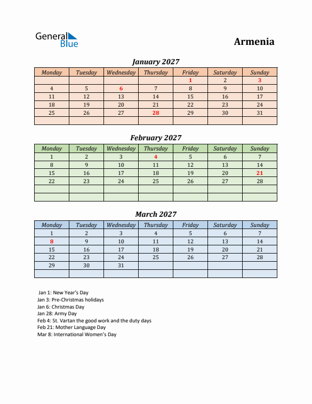 Q1 2027 Holiday Calendar - Armenia