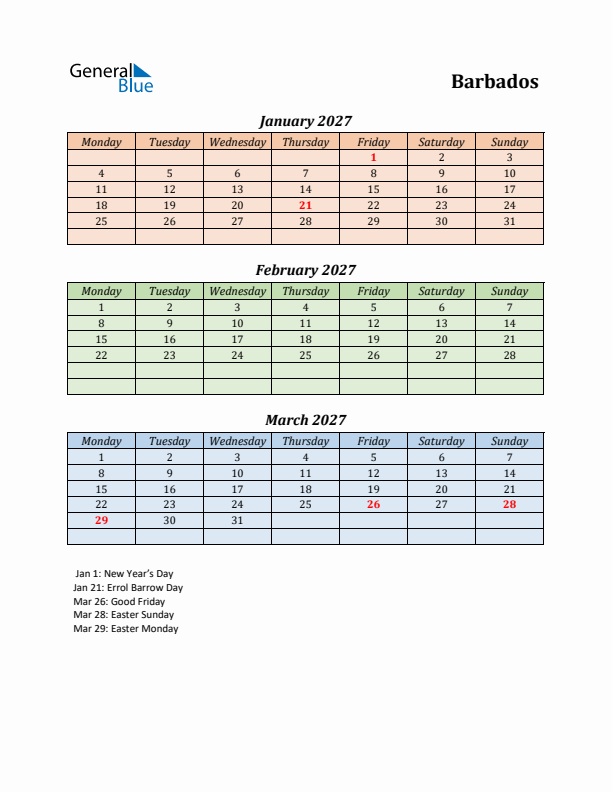 Q1 2027 Holiday Calendar - Barbados