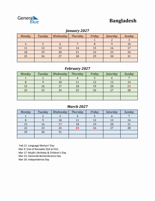 Q1 2027 Holiday Calendar - Bangladesh