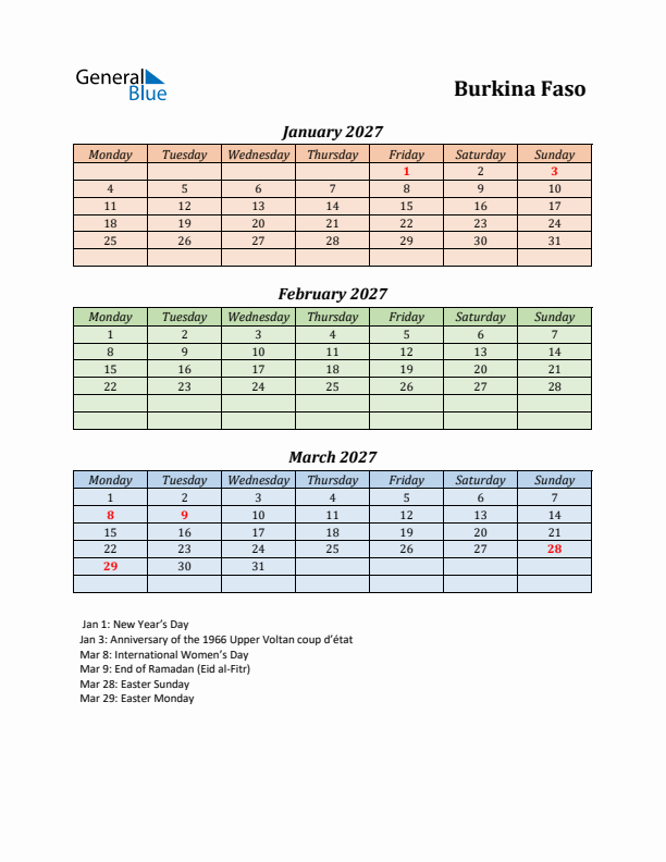 Q1 2027 Holiday Calendar - Burkina Faso