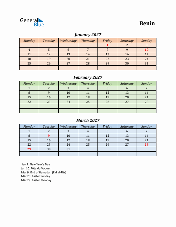 Q1 2027 Holiday Calendar - Benin