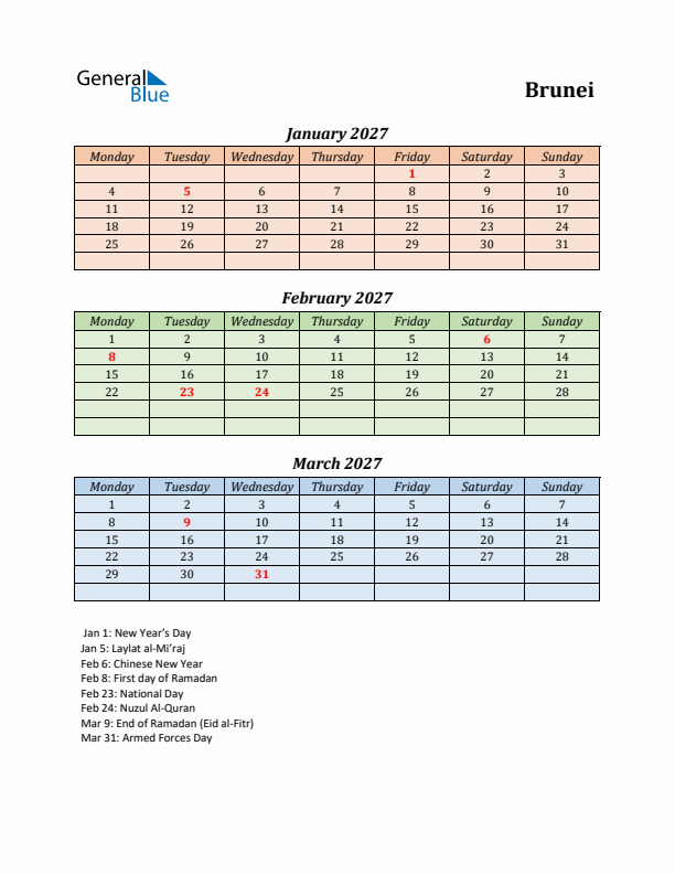 Q1 2027 Holiday Calendar - Brunei