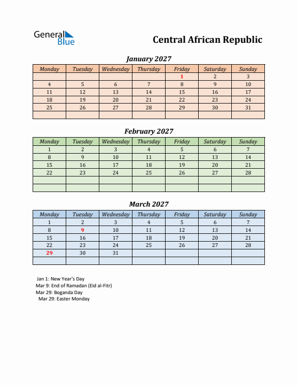 Q1 2027 Holiday Calendar - Central African Republic