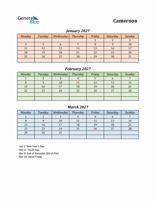 Q1 2027 Holiday Calendar - Cameroon