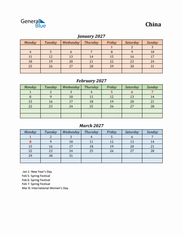 Q1 2027 Holiday Calendar - China