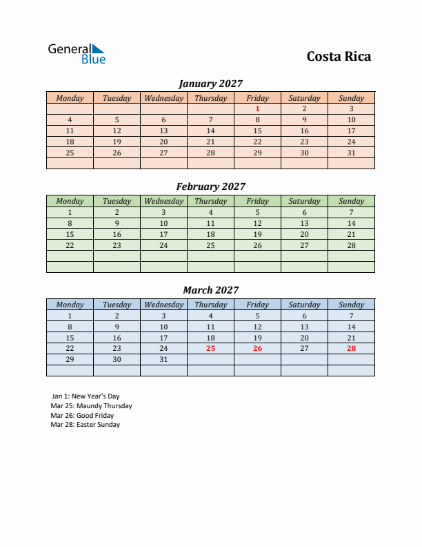 Q1 2027 Holiday Calendar - Costa Rica