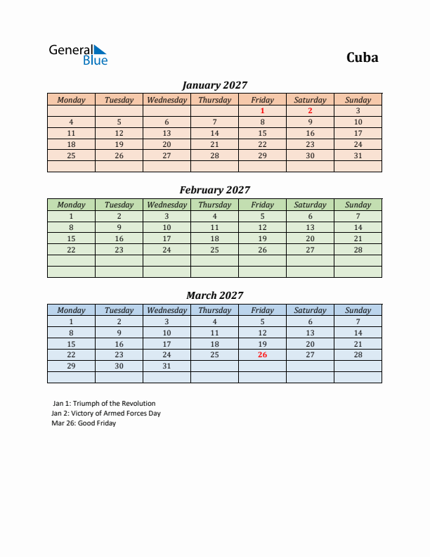 Q1 2027 Holiday Calendar - Cuba