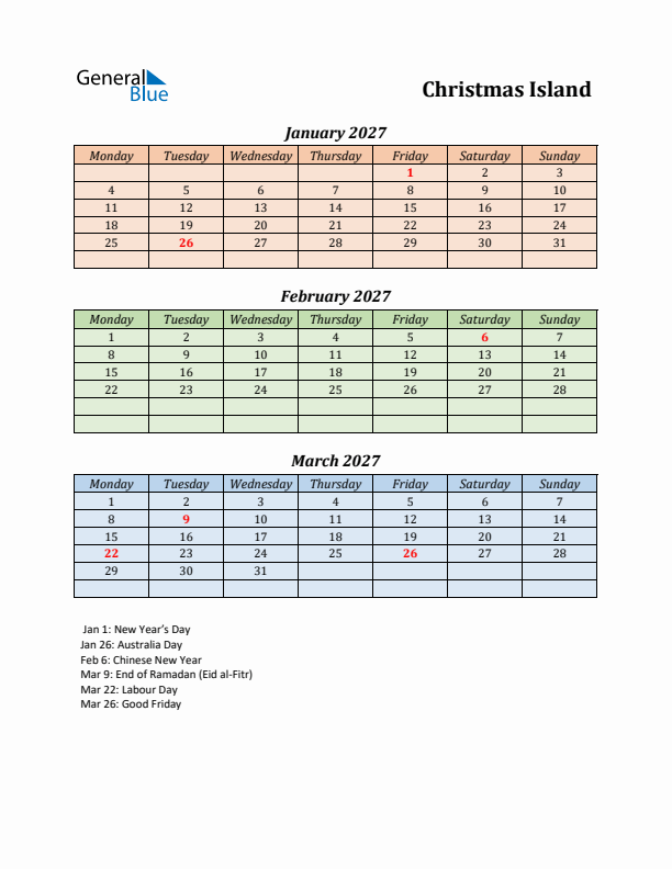 Q1 2027 Holiday Calendar - Christmas Island