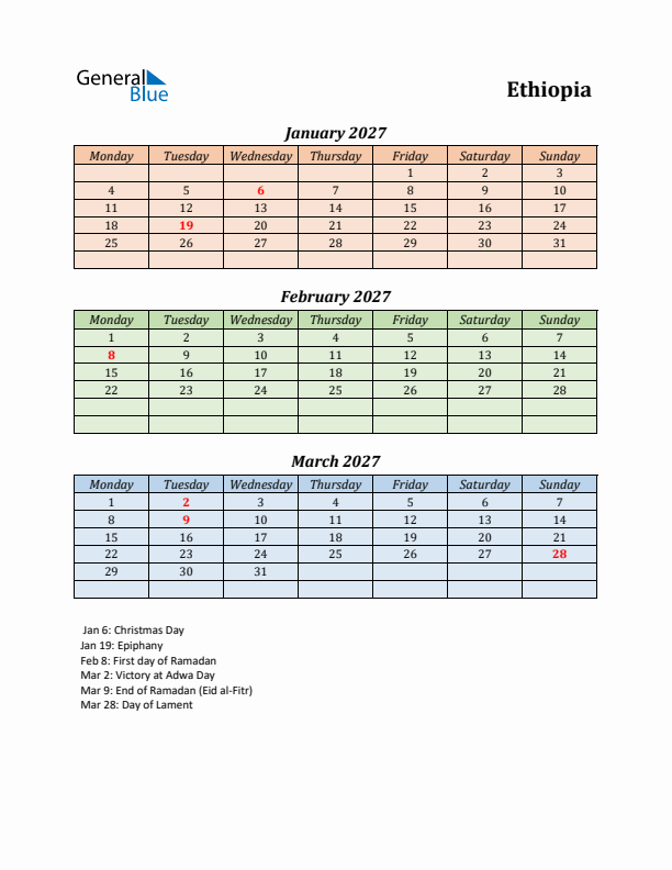 Q1 2027 Holiday Calendar - Ethiopia