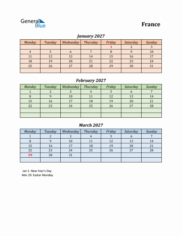 Q1 2027 Holiday Calendar - France