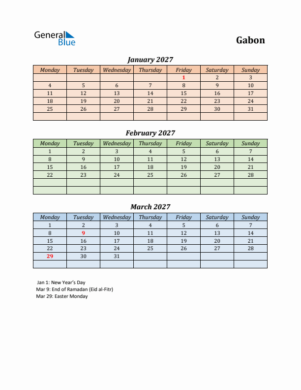 Q1 2027 Holiday Calendar - Gabon