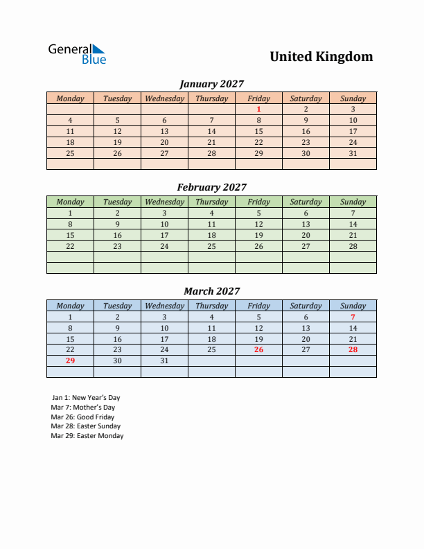 Q1 2027 Holiday Calendar - United Kingdom