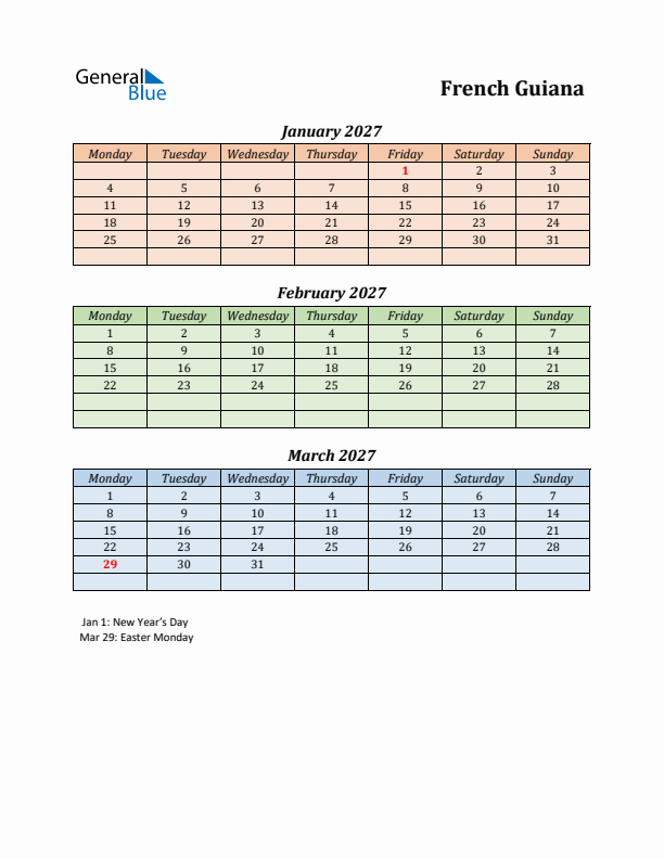 Q1 2027 Holiday Calendar - French Guiana