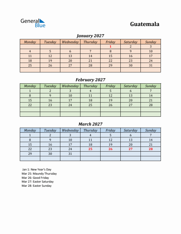 Q1 2027 Holiday Calendar - Guatemala