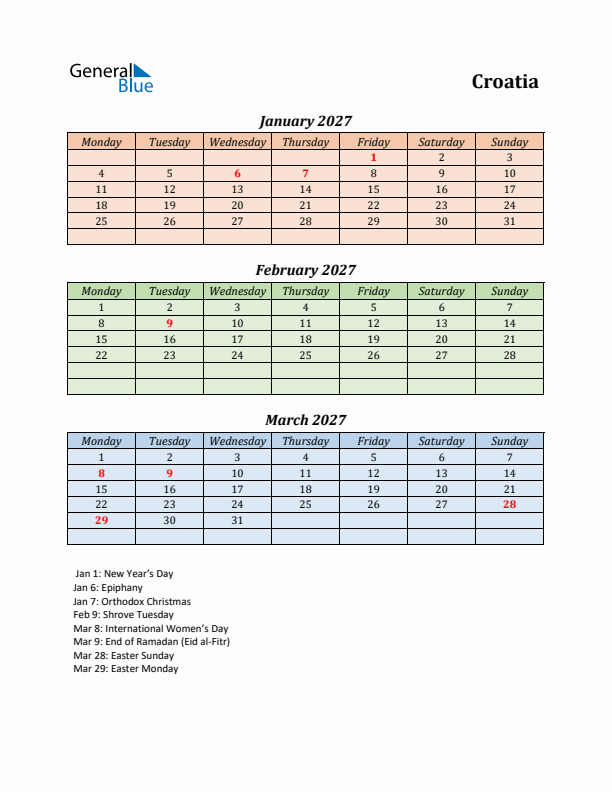 Q1 2027 Holiday Calendar - Croatia