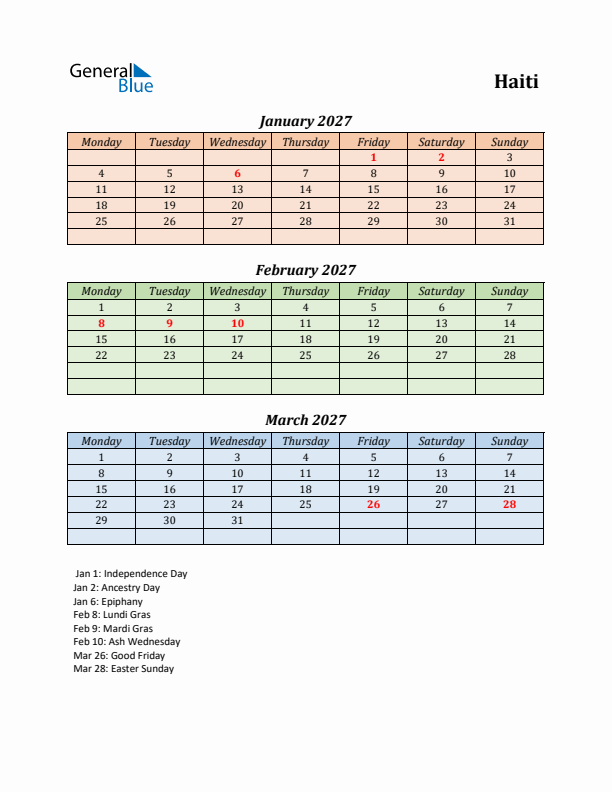 Q1 2027 Holiday Calendar - Haiti